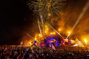 Fire stage at Elements Fest with fireworks.