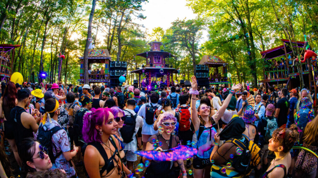 Festival attendees at the Air stage in the woods at Elements Fest.